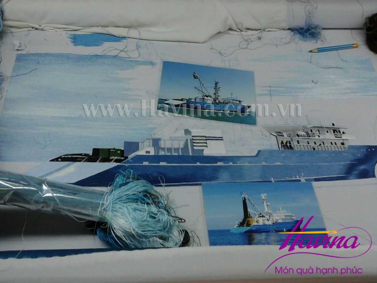 Quá trình thêu tác phẩm tranh thêu con tàu của petrolimex