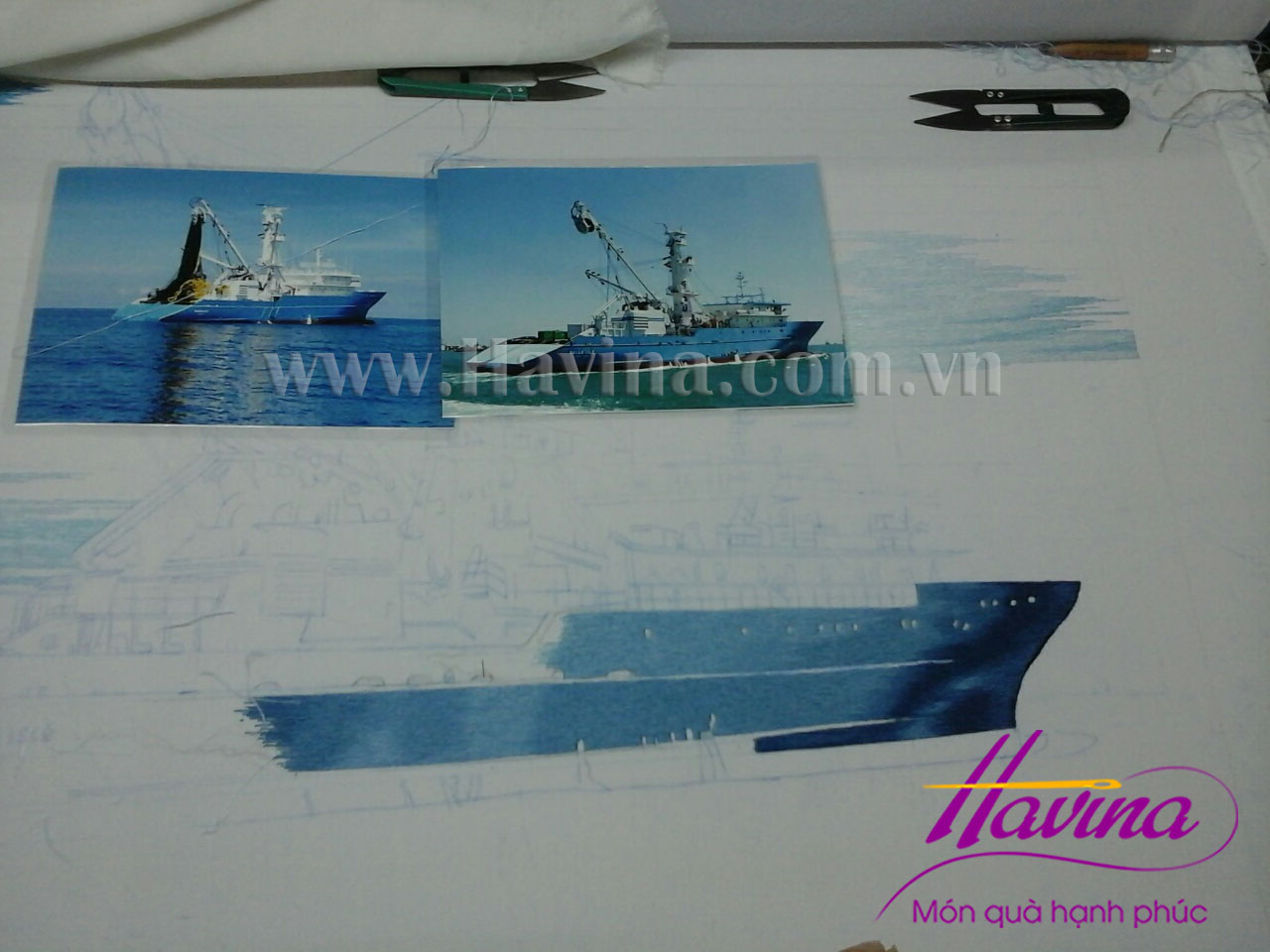 Quá trình thêu tác phẩm tranh thêu con tàu của petrolimex