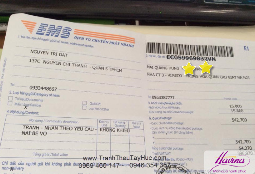 Hóa đơn sau khi gữi tác phẩm tranh thêu hoa mẫu đơn cho anh Hùng xong