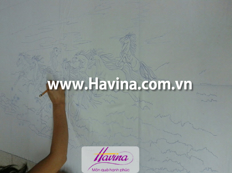 Lên mẫu Tranh thêu bát mã thành công