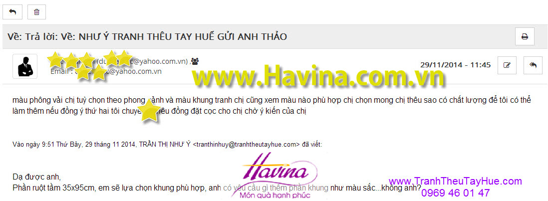 Thư đặt tranh thêu tứ bình của anh Thảo