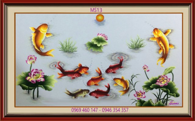 Tranh thêu cá chép hoa sen tặng tân gia Tranh thêu cá chép hoa sen tặng tân gia