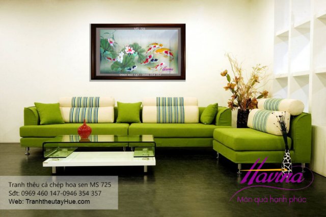 tranh thêu cá chép hoa sen treo phòng khách