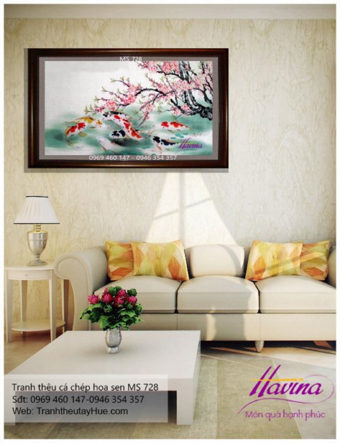 tranh thêu cá chép hoa sen treo phòng khách