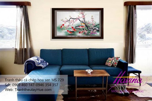 tranh thêu cá chép hoa sen treo phòng khách