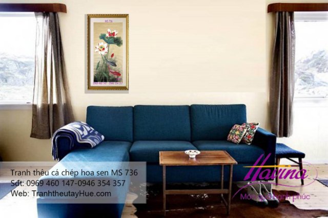 tranh thêu cá chép hoa sen treo phòng khách