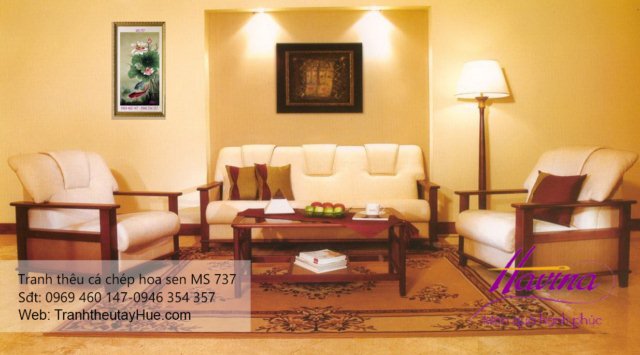 tranh thêu cá chép hoa sen treo phòng khách