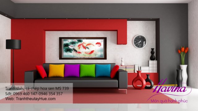 tranh thêu cá chép hoa sen treo phòng khách