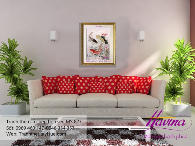tranh thêu cá chép hoa sen treo phòng khách