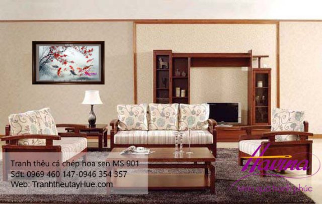 tranh thêu cá chép hoa sen treo phòng khách