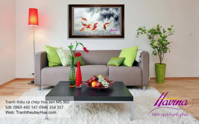 tranh thêu cá chép hoa sen treo phòng khách