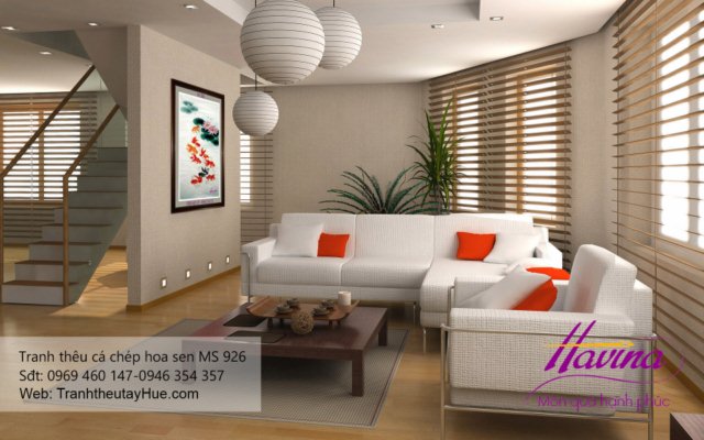 tranh thêu cá chép hoa sen treo phòng khách