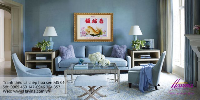 tranh thêu cá chép hoa sen treo phòng khách
