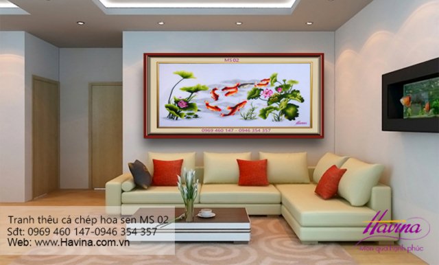tranh thêu cá chép hoa sen treo phòng khách
