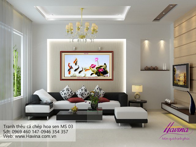 tranh thêu cá chép hoa sen treo phòng khách