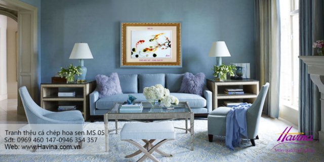 tranh thêu cá chép hoa sen treo phòng khách