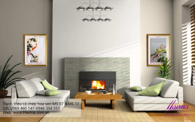 tranh thêu cá chép hoa sen treo phòng khách