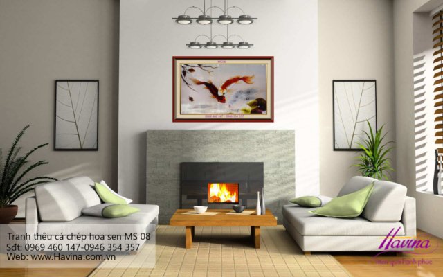 tranh thêu cá chép hoa sen treo phòng khách