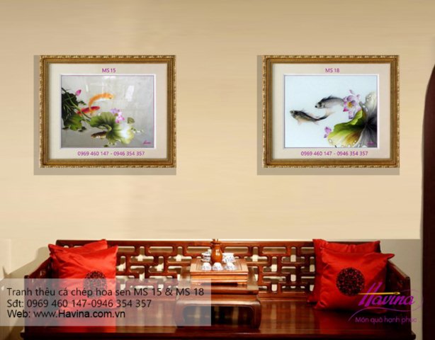 tranh thêu cá chép hoa sen treo phòng khách