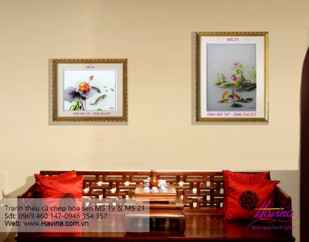 tranh thêu cá chép hoa sen treo phòng khách