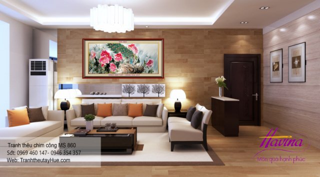 Tranh thêu chim công treo phòng khách