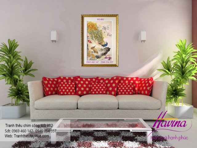 Tranh thêu chim công treo phòng khách