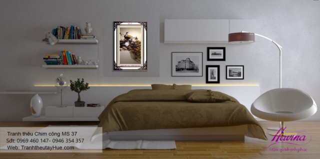 Tranh thêu chim công treo phòng khách