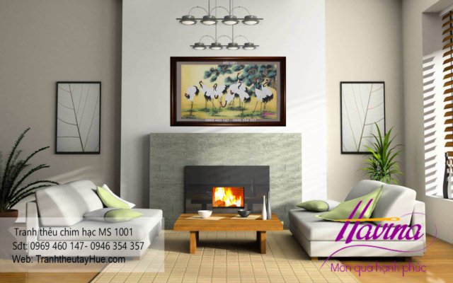 tranh thêu chim hạc treo phòng khách