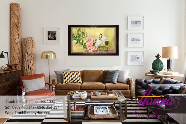 tranh thêu chim hạc treo phòng khách