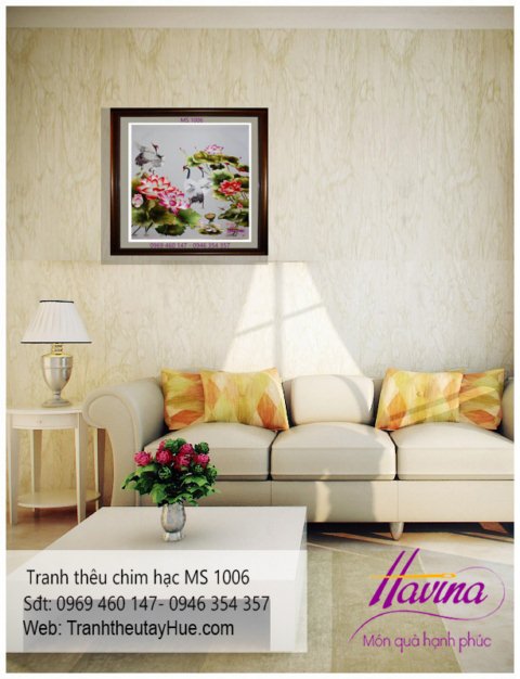 tranh thêu chim hạc treo phòng khách