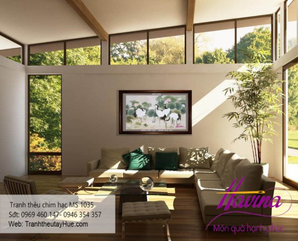 tranh thêu chim hạc treo phòng khách