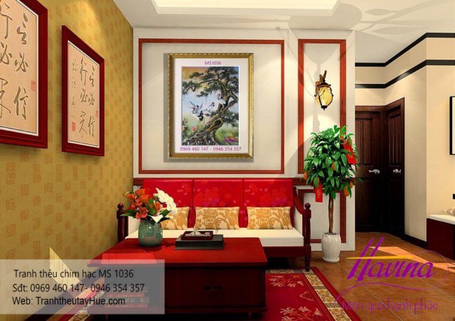 tranh thêu chim hạc treo phòng khách
