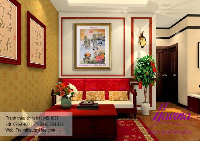 tranh thêu chim hạc treo phòng khách