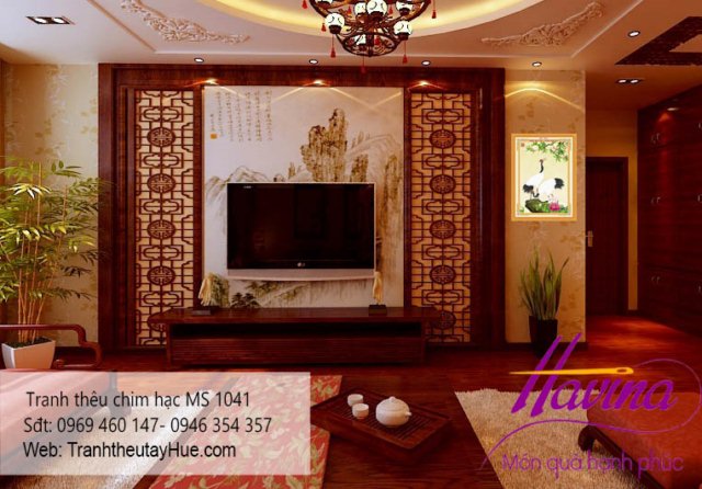 tranh thêu chim hạc treo phòng khách