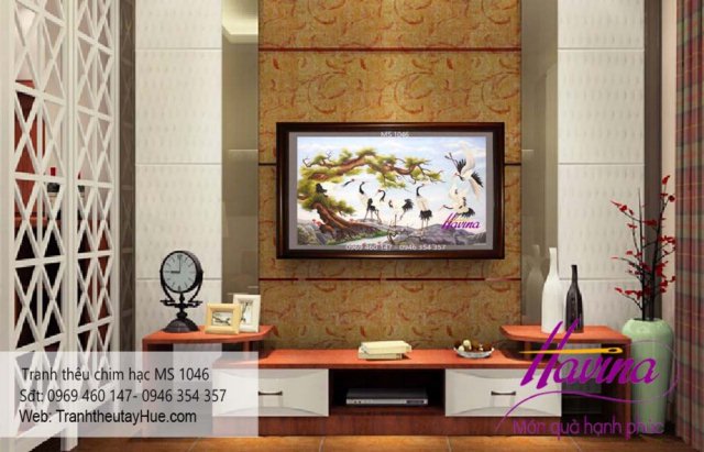 tranh thêu chim hạc treo phòng khách