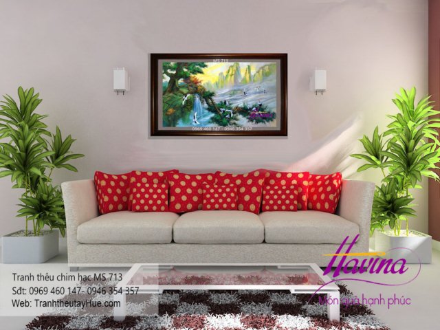 tranh thêu chim hạc treo phòng khách