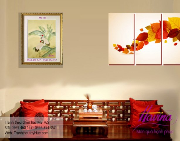 tranh thêu chim hạc treo phòng khách