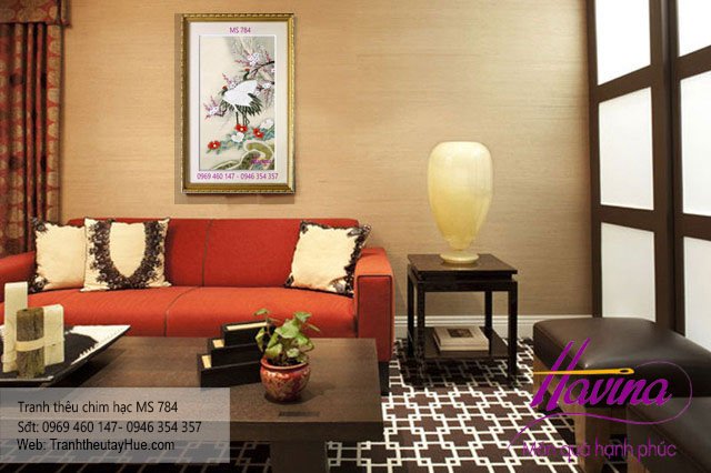 tranh thêu chim hạc treo phòng khách
