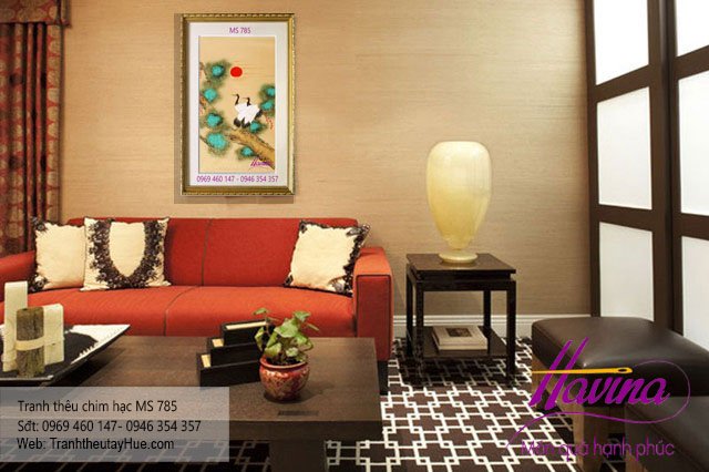 tranh thêu chim hạc treo phòng khách