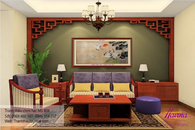 tranh thêu chim hạc treo phòng khách