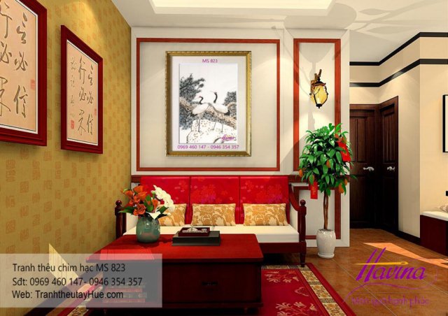 tranh thêu chim hạc treo phòng khách