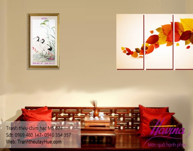 tranh thêu chim hạc treo phòng khách