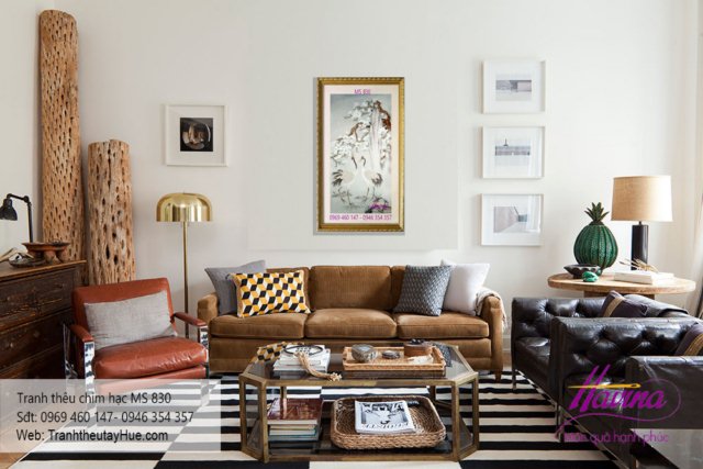 tranh thêu chim hạc treo phòng khách