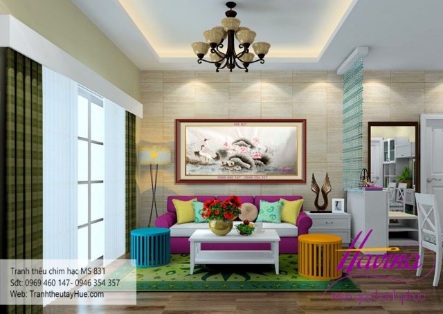 tranh thêu chim hạc treo phòng khách