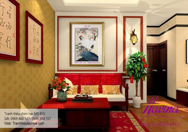 tranh thêu chim hạc treo phòng khách
