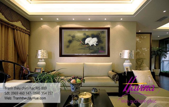 tranh thêu chim hạc treo phòng khách