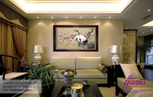 tranh thêu chim hạc treo phòng khách