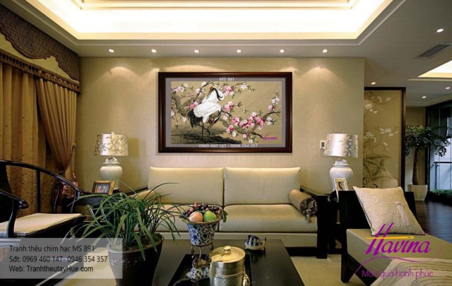 tranh thêu chim hạc treo phòng khách