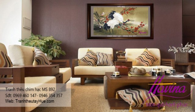 tranh thêu chim hạc treo phòng khách