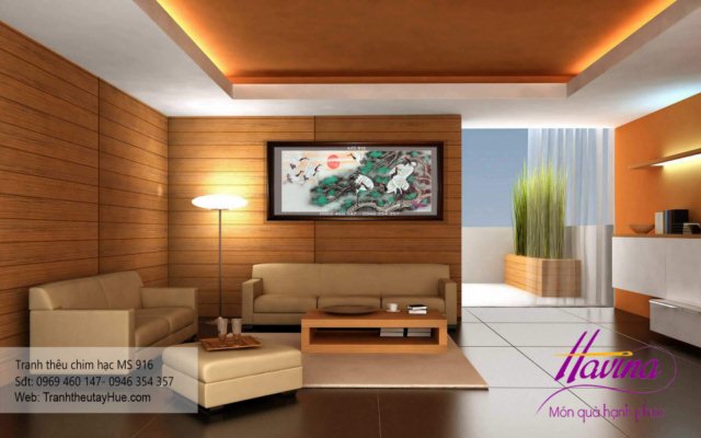 tranh thêu chim hạc treo phòng khách
